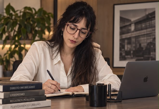 Vivian Barion Martins analisando documentos jurídicos