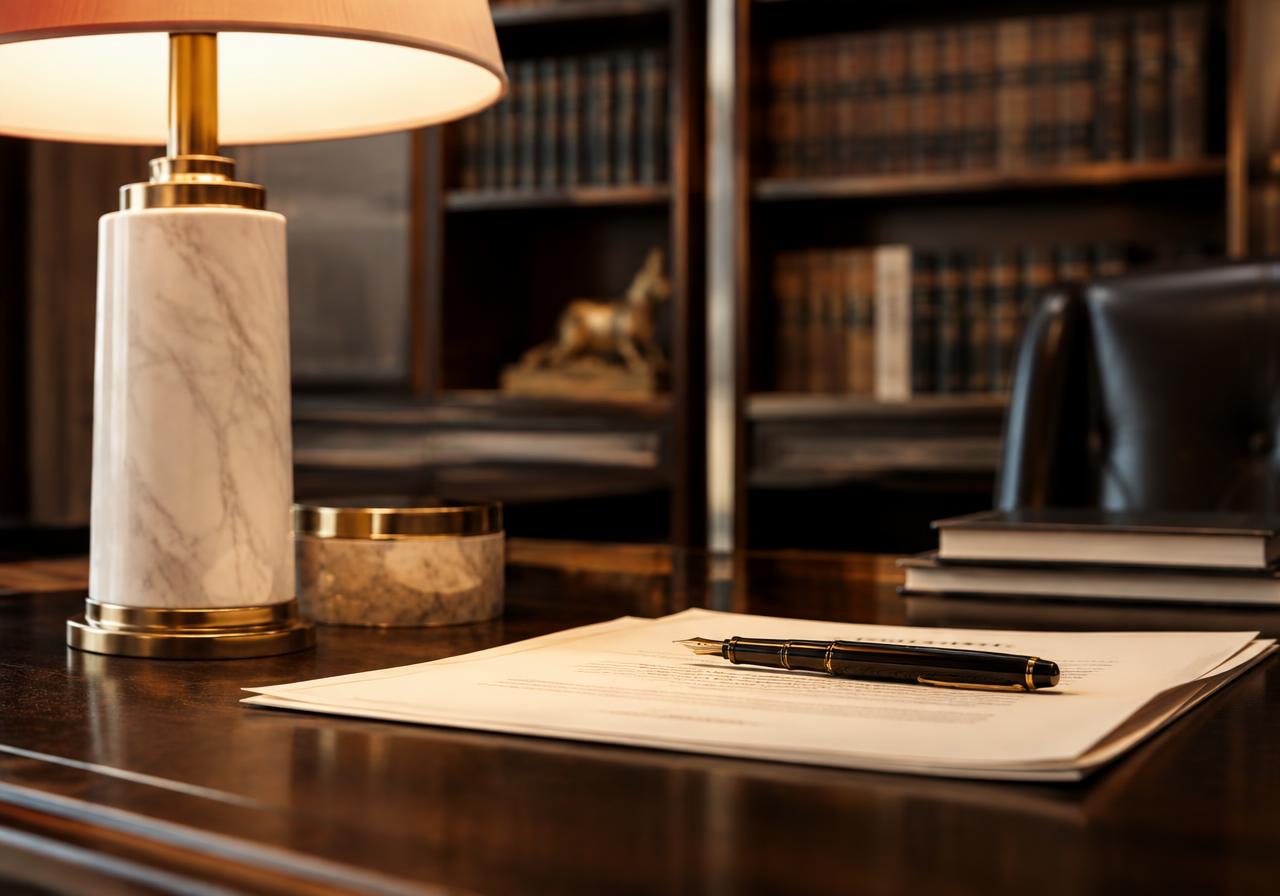 Mesa de escritório de luxo com caneta-tinteiro sobre documentos jurídicos