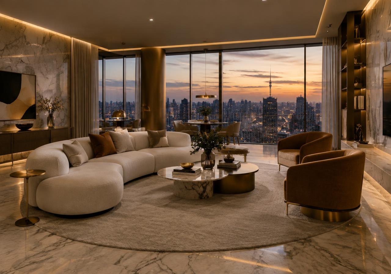 Sala de estar de cobertura de luxo com vista para a cidade ao entardecer