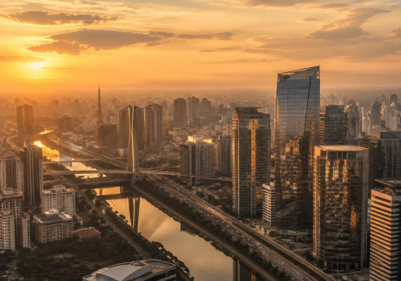 Vista aérea de São Paulo ao pôr do sol com arranha-céus de vidro